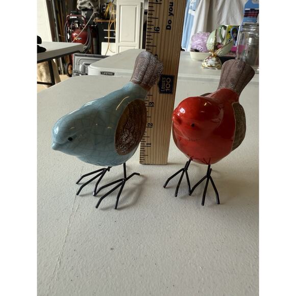 Ceramic Crackle Glazed Garden Bird Metal Feet Blue Jay Red Bird Cardinal 4"×5" - Picture 8 of 9